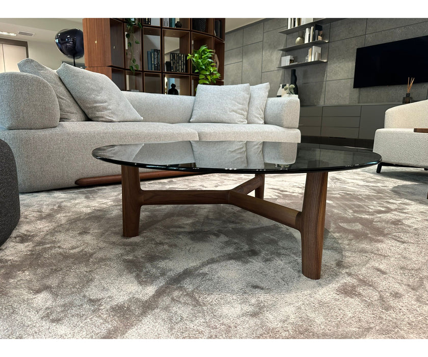 Tillow 110 floor sample coffee table by Porada with Canaletta walnut base and smoked glass top | Casa Design Group