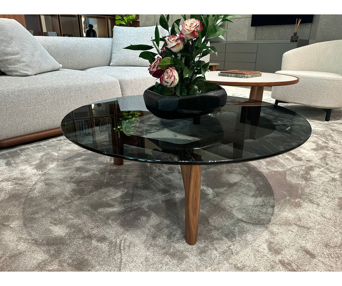 Tillow 110 floor sample coffee table by Porada with Canaletta walnut base and smoked glass top | Casa Design Group