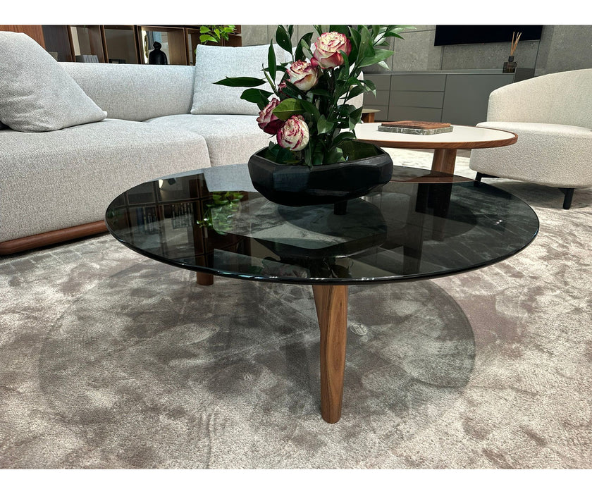 Tillow 110 floor sample coffee table by Porada with Canaletta walnut base and smoked glass top | Casa Design Group