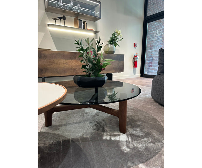 Tillow 110 floor sample coffee table by Porada with Canaletta walnut base and smoked glass top | Casa Design Group