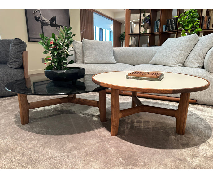Tillow 110 floor sample coffee table by Porada with Canaletta walnut base and smoked glass top | Casa Design Group