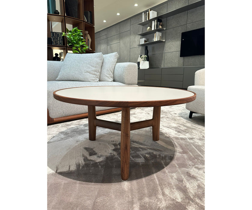 Tillow floor sample coffee table by Porada with Canaletta walnut base and Cuoietto leather top | Casa Design Group