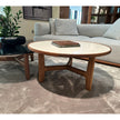 Tillow floor sample coffee table by Porada with Canaletta walnut base and Cuoietto leather top | Casa Design Group