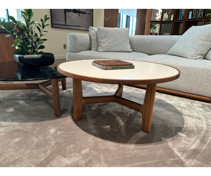 Tillow floor sample coffee table by Porada with Canaletta walnut base and Cuoietto leather top | Casa Design Group