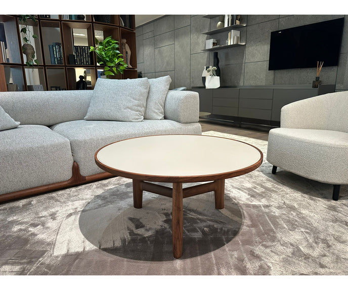 Tillow floor sample coffee table by Porada with Canaletta walnut base and Cuoietto leather top | Casa Design Group