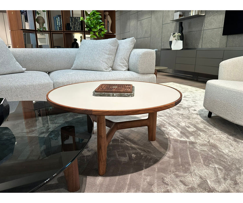 Tillow floor sample coffee table by Porada with Canaletta walnut base and Cuoietto leather top | Casa Design Group