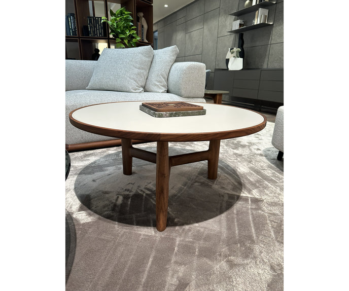 Tillow floor sample coffee table by Porada with Canaletta walnut base and Cuoietto leather top | Casa Design Group