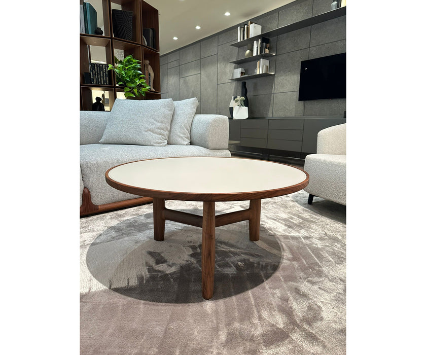 Tillow floor sample coffee table by Porada with Canaletta walnut base and Cuoietto leather top | Casa Design Group