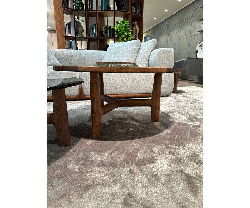 Tillow floor sample coffee table by Porada with Canaletta walnut base and Cuoietto leather top | Casa Design Group