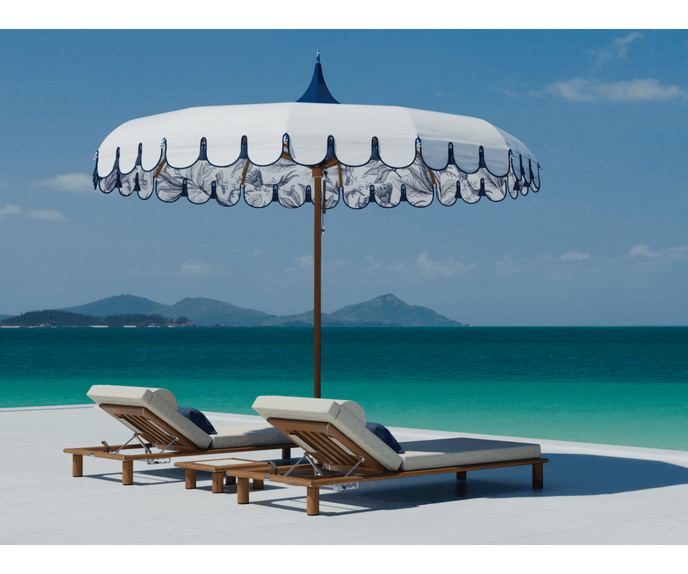 Elegant Tuuci M1 Voilare Umbrella with arched ribs and scallop valance Casa Design Group