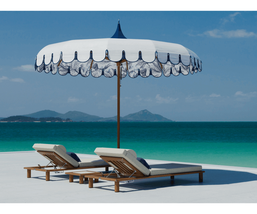 Elegant Tuuci M1 Voilare Umbrella with arched ribs and scallop valance Casa Design Group