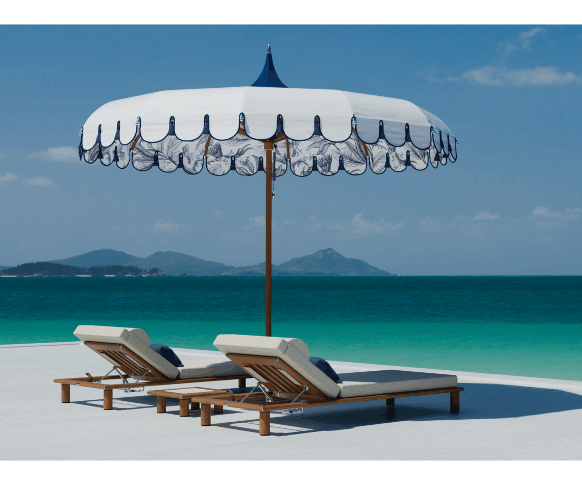 Elegant Tuuci M1 Voilare Umbrella with arched ribs and scallop valance Casa Design Group
