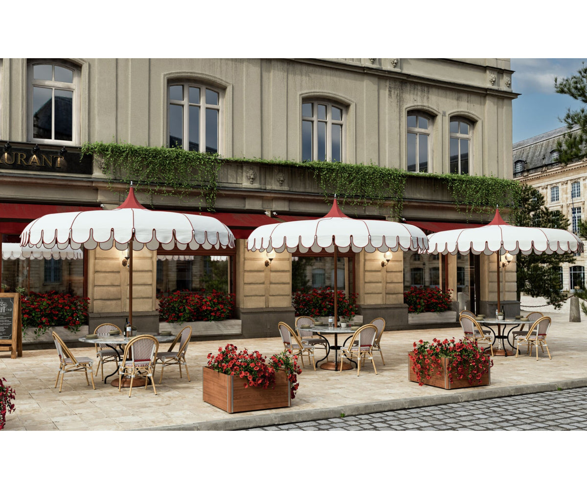 Elegant Tuuci M1 Voilare Umbrella with arched ribs and scallop valance Casa Design Group