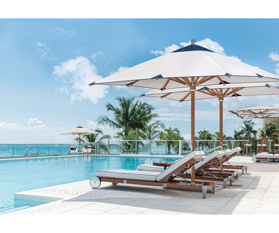 Marine-grade teak umbrella by Tuuci Ocean Master Max Nautical Teak Casa Design Group