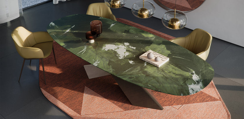 Tyron Marble Dining Table with sculptural crossed steel base and elegant natural marble top by Cattelan Italia | Casa Design Group