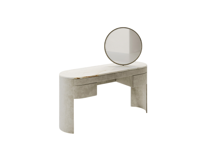 Vogue leather and marble vanity with round mirror by Rugiano | Casa Design Group