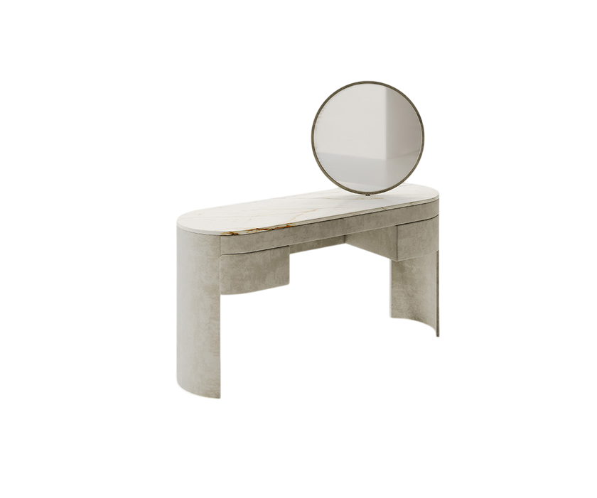 Vogue leather and marble vanity with round mirror by Rugiano | Casa Design Group