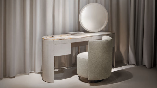 Vogue leather and marble vanity with round mirror by Rugiano | Casa Design Group