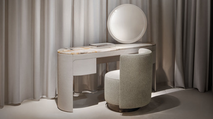 Vogue leather and marble vanity with round mirror by Rugiano | Casa Design Group