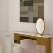 Vogue leather and marble vanity with round mirror by Rugiano | Casa Design Group
