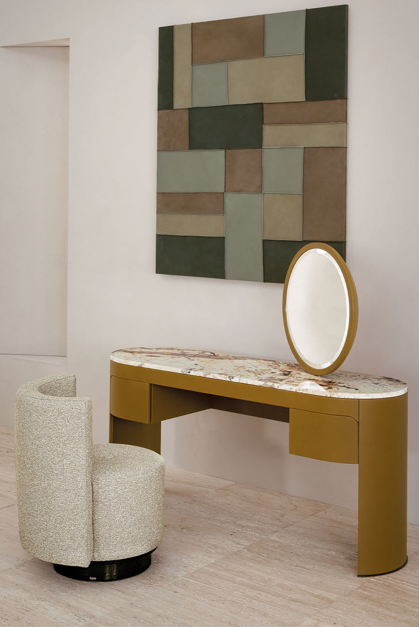 Vogue leather and marble vanity with round mirror by Rugiano | Casa Design Group