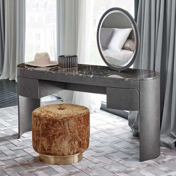 Vogue leather and marble vanity with round mirror by Rugiano | Casa Design Group