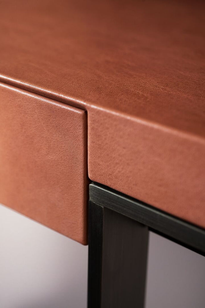 Yves leather vanity with oval mirror by Roberto Lazzeroni for Baxter | Casa Design Group
