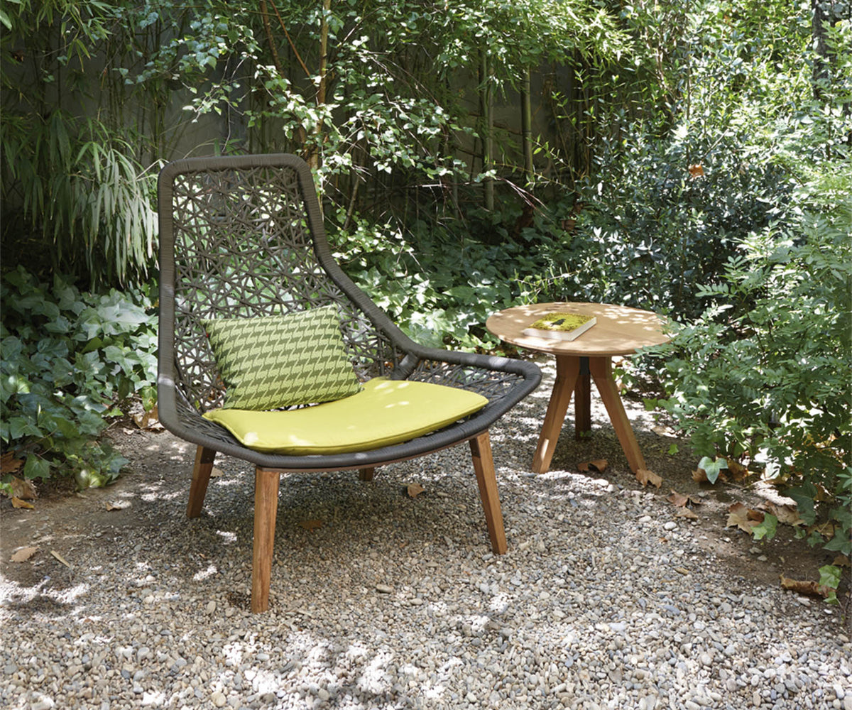 Maia Teak Marengo Relax Chair by Kettal featuring Marengo braided rope, teak legs, and a fog laminate seat cushion, luxury outdoor lounge chair for patios and terraces | Casa Design Group