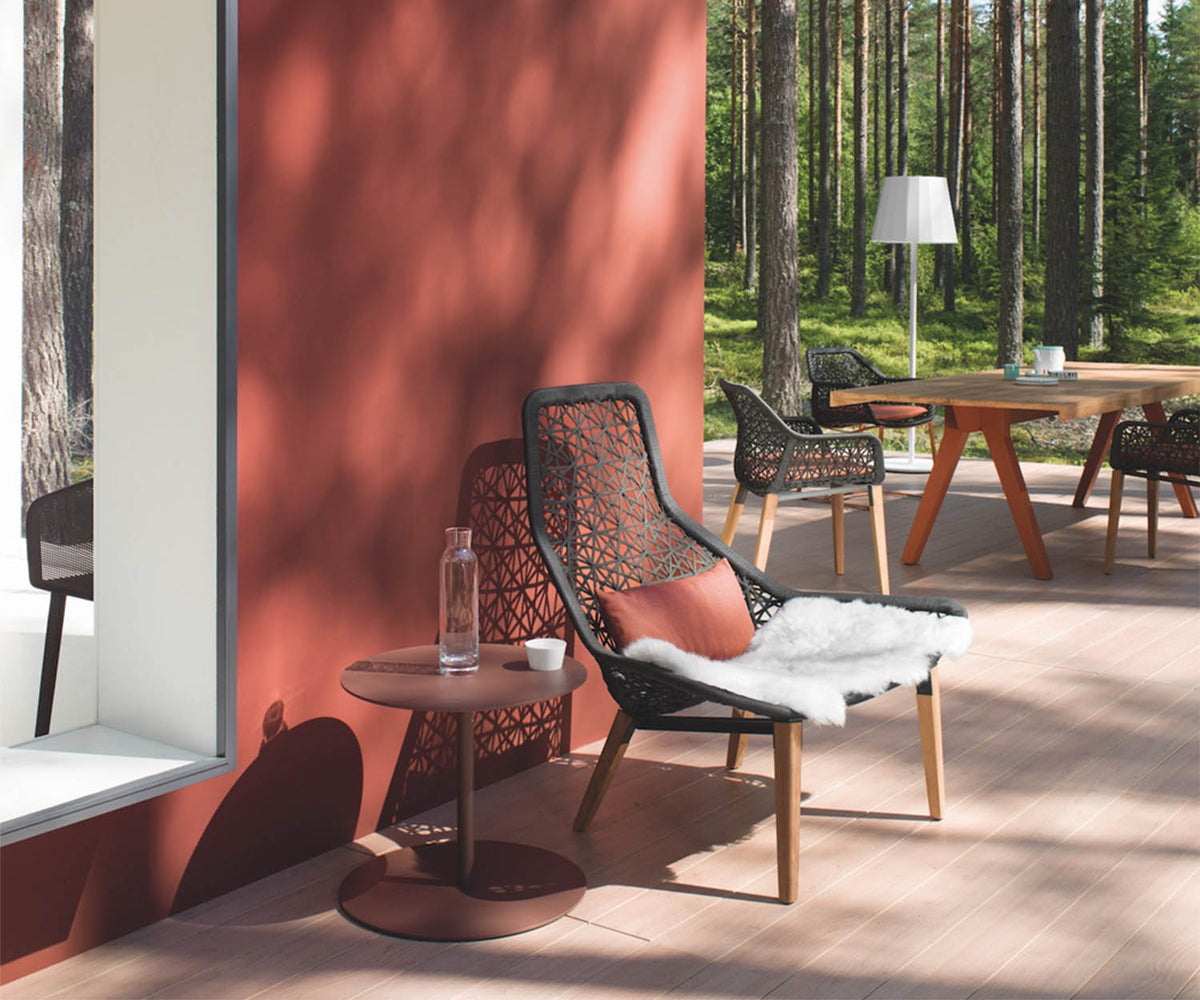 Maia Teak Marengo Relax Chair by Kettal featuring Marengo braided rope, teak legs, and a fog laminate seat cushion, luxury outdoor lounge chair for patios and terraces | Casa Design Group