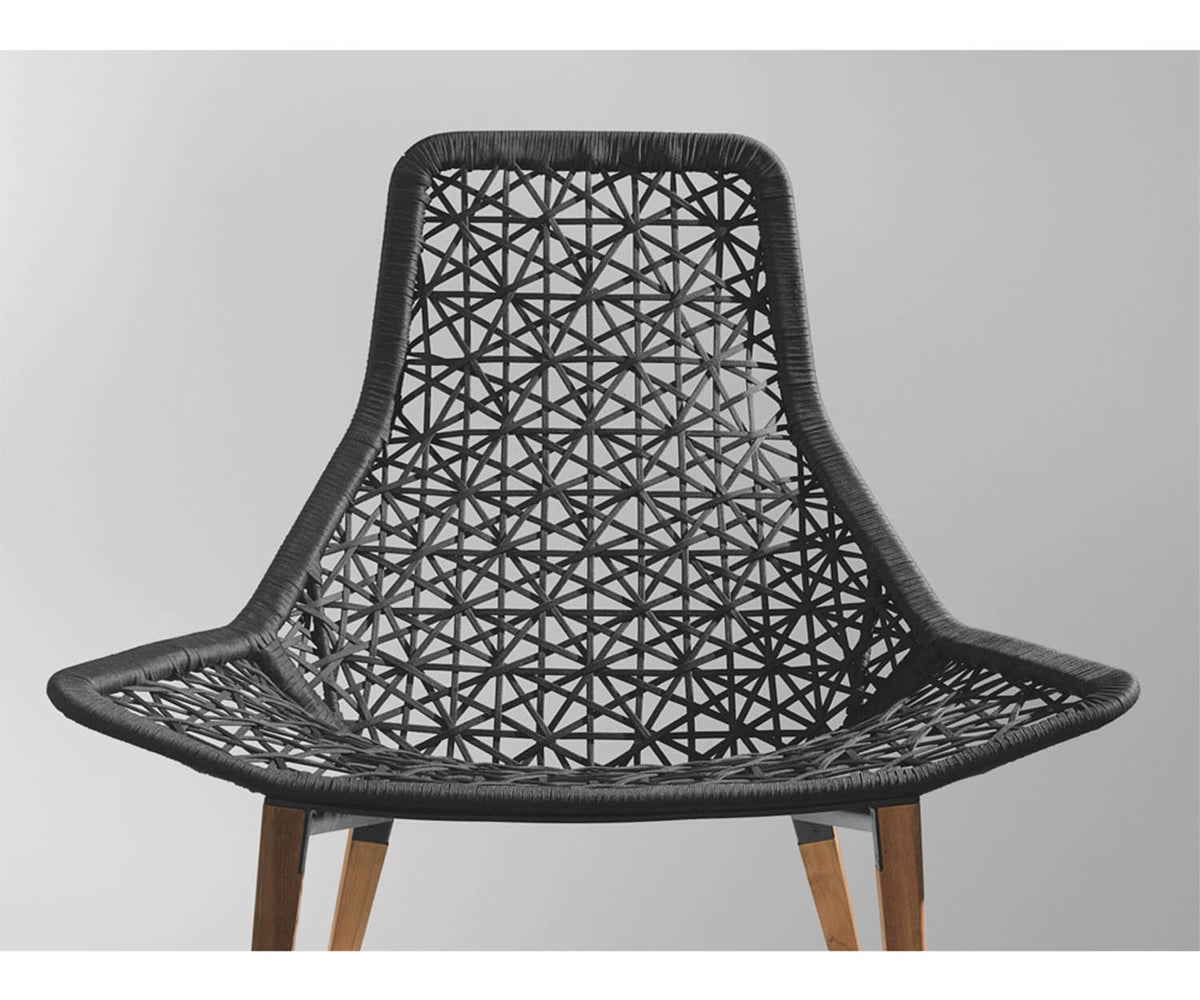 Maia Teak Marengo Relax Chair by Kettal featuring Marengo braided rope, teak legs, and a fog laminate seat cushion, luxury outdoor lounge chair for patios and terraces | Casa Design Group