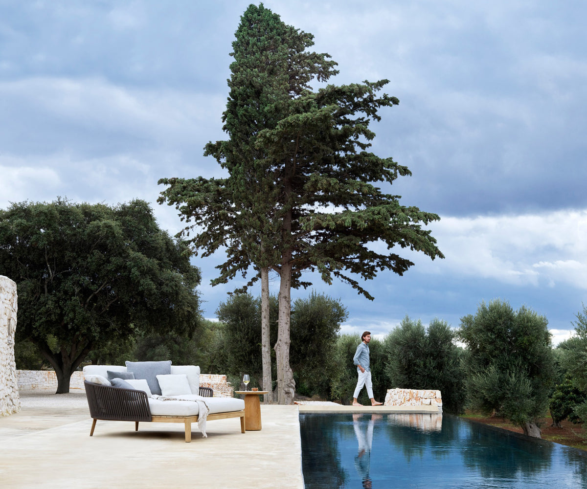 Stylish Mood Outdoor Daybed in teak with Handwoven Backrest, Designed for a Cozy Outdoor Retreat | Casa Design Group