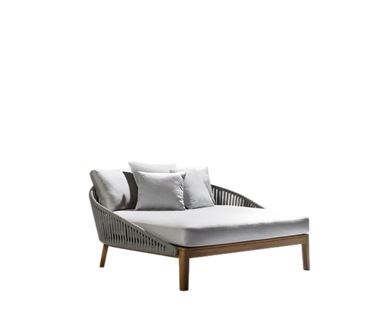 Charming Mood Outdoor Lounge Bed in Durable Teak with Soft Handwoven Backrest, Perfect for Outdoor Retreat | Casa Design Group