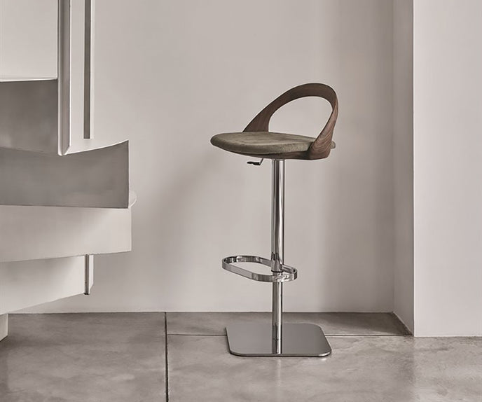 Porada Ester Lift adjustable bar stool with a solid wood frame and upholstered swivel seat | Casa Design Group
